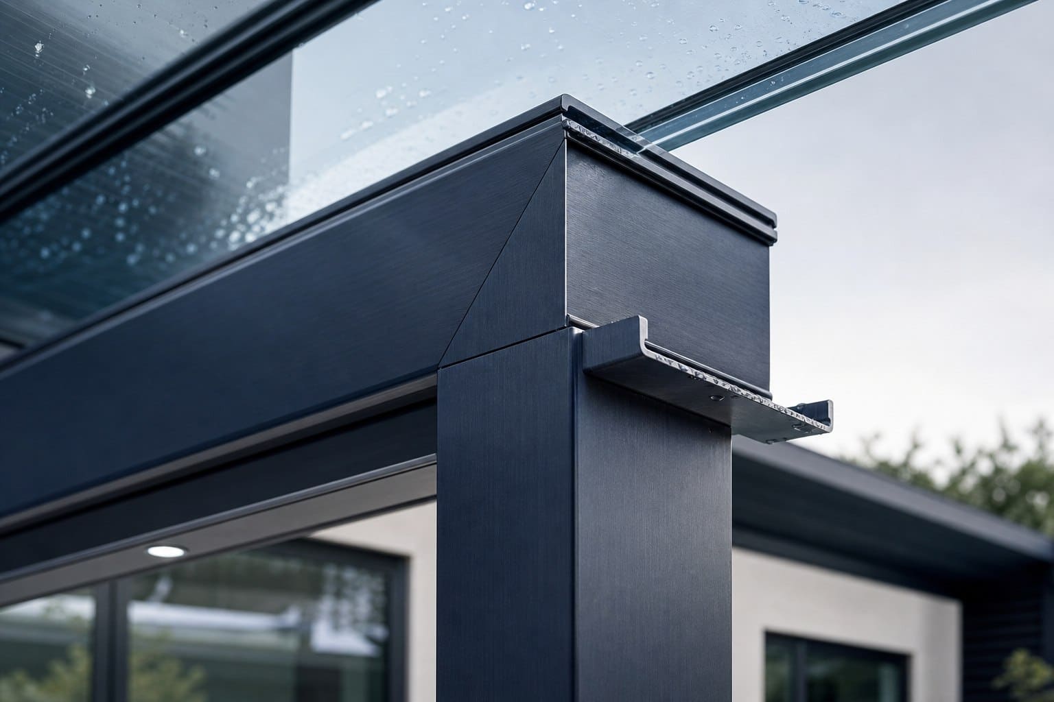 Close-up of a dark aluminium corner profile with glass and integrated drainage